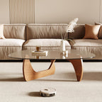Honyee Morden Coffee Table, 42.5" x 28.5" x 16.1" Triangle Tempered Glass Top for Living Room, Color: Natural Wood