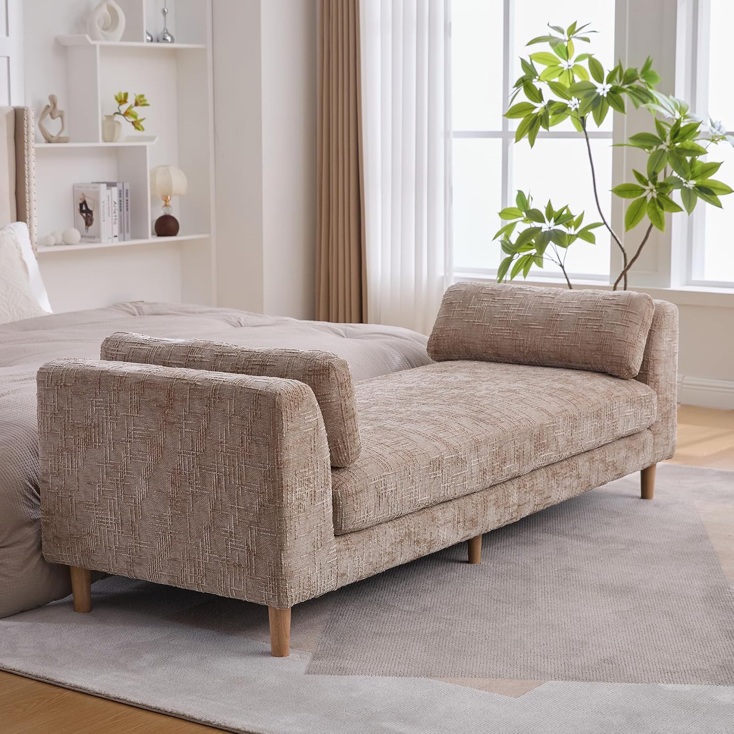 mikibama 83.1" Extra Long Ottoman Bench for Bedroom,Oversized Chenille Upholstered Chaise Lounge Sofa Benches,Modern End of Bed Bench with Arms,Lounger Daybed Couch with Pillows (Wheat)
