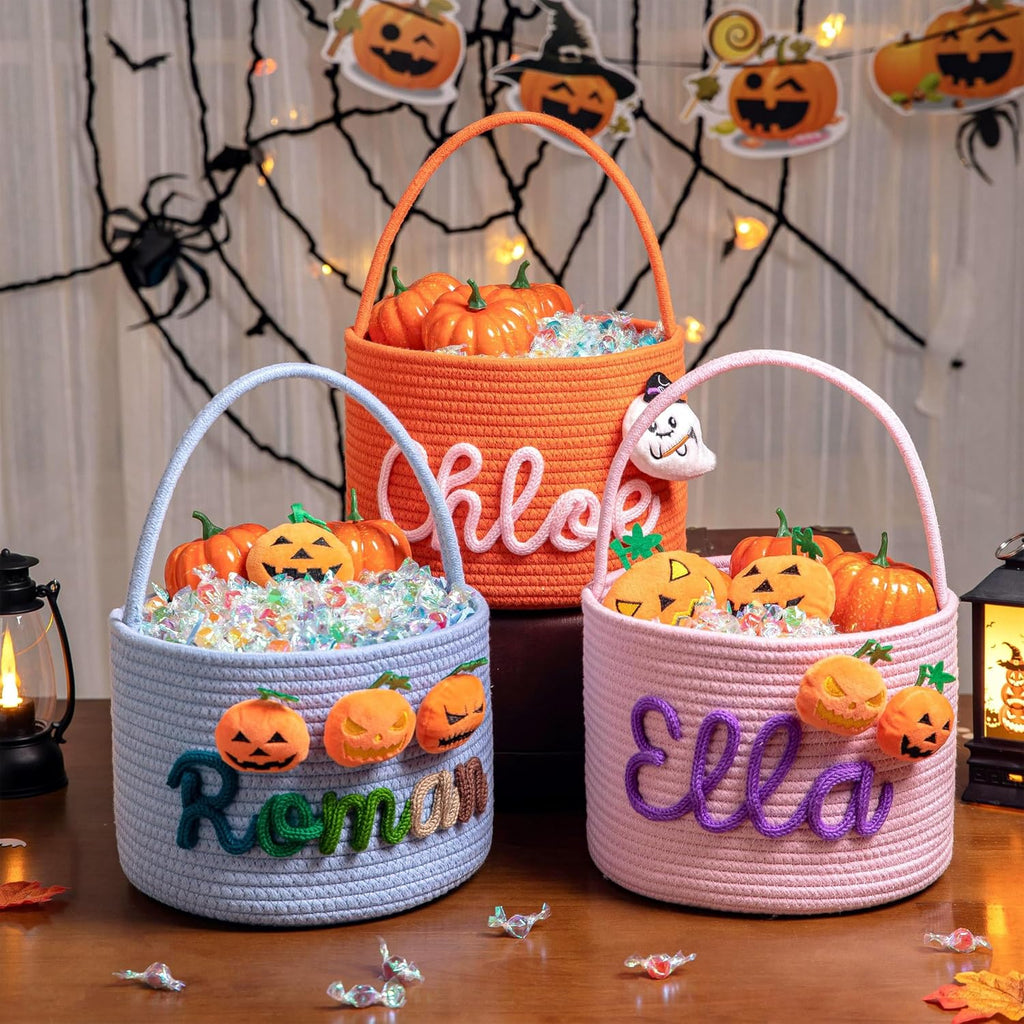 FKOG Halloween Candy Basket, Custom Cotton Rope Storage Bin with Handle, Personalized Trick or Treat Container, Decorative Pumpkin Design (Orange)
