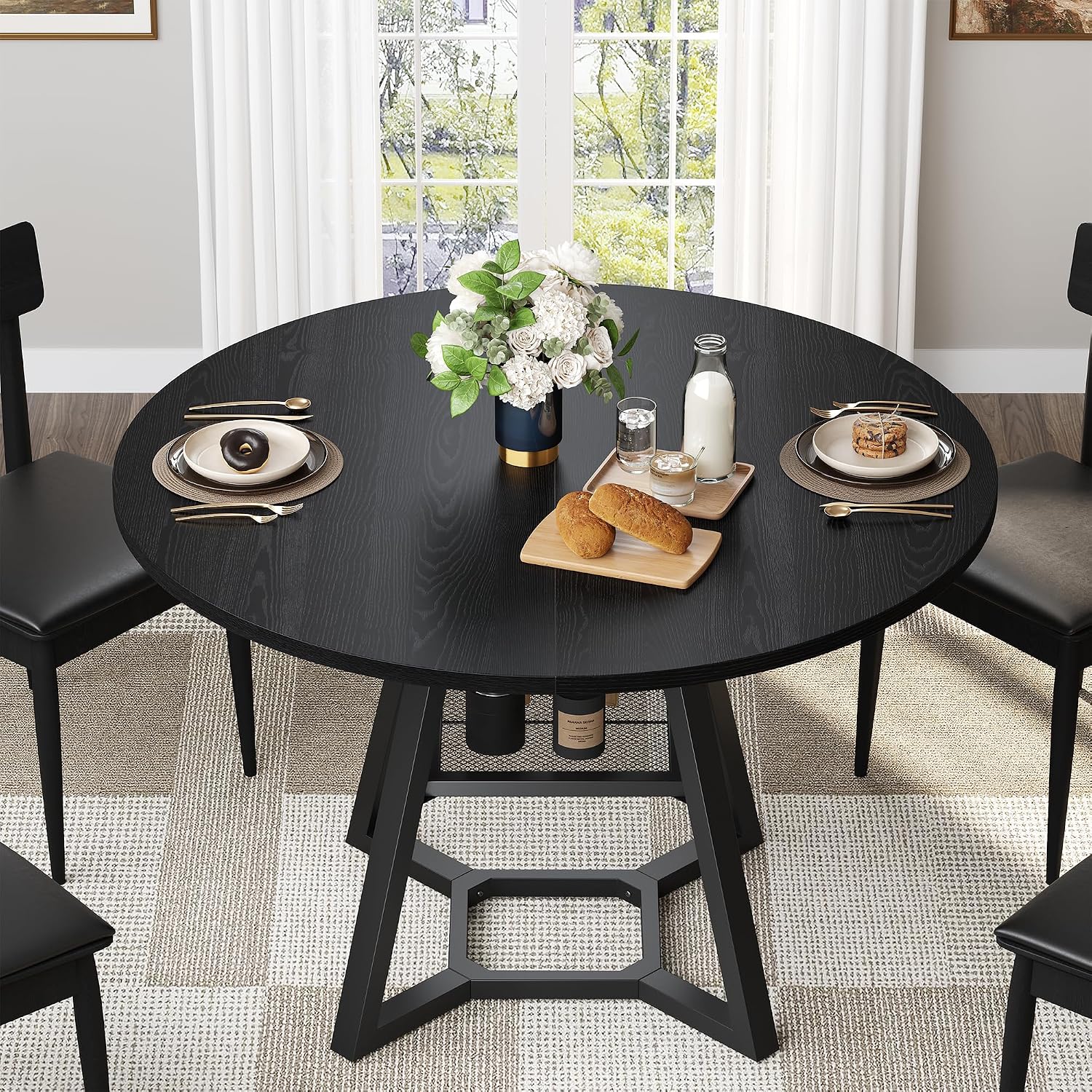 knoworld 43" Round Dining Table for 4, Kitchen Tables Dining Room Circle Dinner Table with Pedestal Metal Frame, Space Saving Wood Industrial Kitchen & Dining Room Tables, Black 43In
