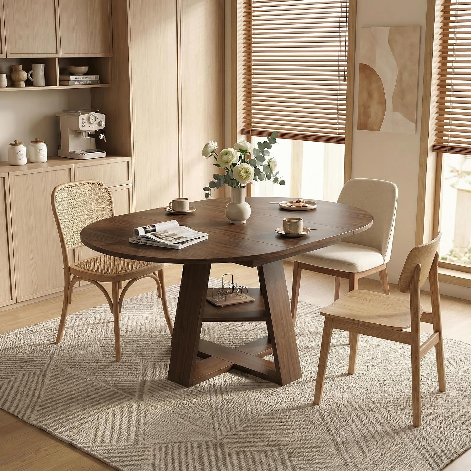 43.3-59" Extendable Round Dining Table, Modern Oval Kitchen Table with Removable Leaves, Wooden Base with Storage Shelf, Space Saving Dining Table for Kitchen Living Room Apartment Small Space, Walnut