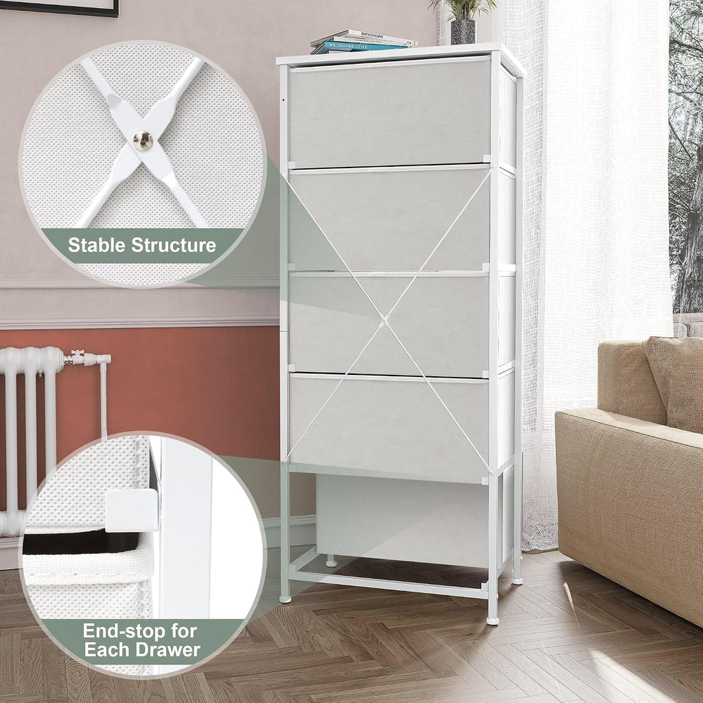 Crestlive Products Tall Dresser Vertical Storage Tower - Sturdy Steel Frame, Wood Top, Easy Pull Fabric Bins - Organizer Unit for Bedroom, Hallway, Entryway, Closets - 5 Drawers(White)