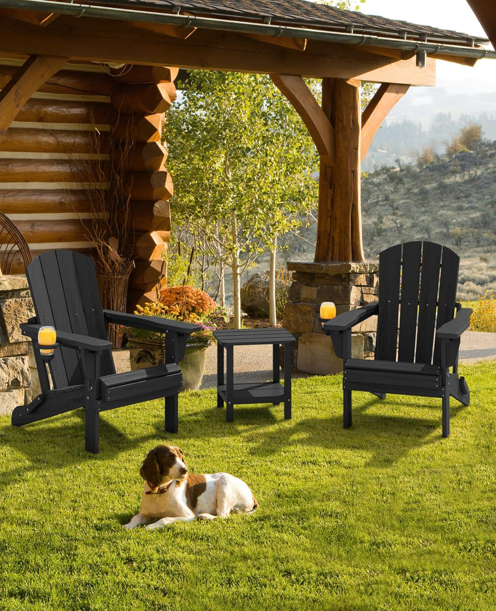 SERWALL Folding Adirondack Chair Set of 2, Adjustable Adirondack Chair with 3 Recline Positions, All Weather HDPE Outdoor Adirondack with Cup Holders, Black