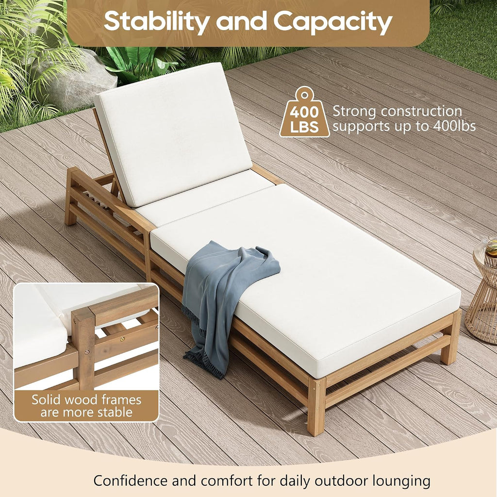 KLMM 5-Position Adjustable Outdoor Chaise Lounge Set of 2, Solid Wood Patio Recliner Chair with Thick Cushions,for Pool, Balcony & Garden (Light Teak/2)