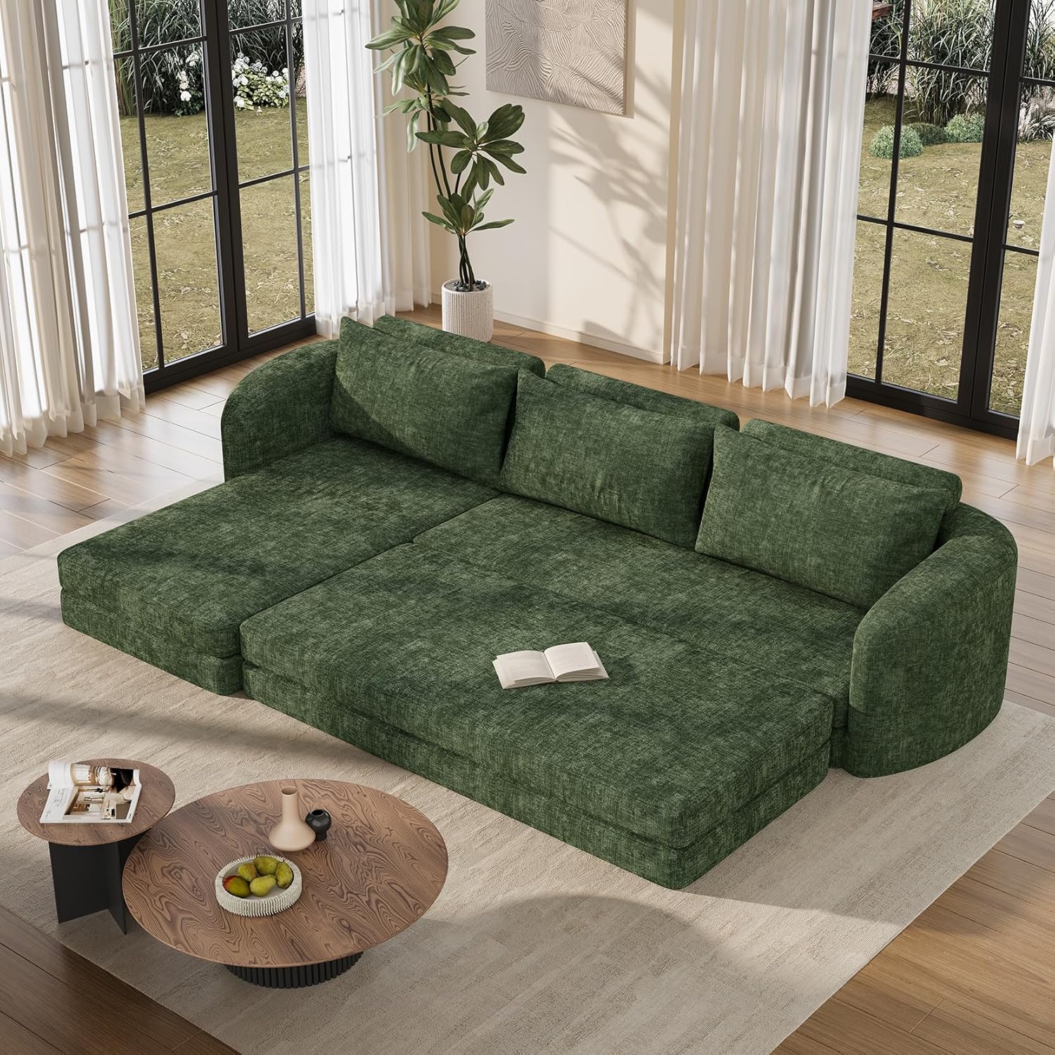 Vesgantti 110.2" Modular Sectional Sofa with Curved Armrest, 6 in 1 Convertible Folding Sleeper Sofa Bed, Chenille Boneless Couch for Living Room, No Assembly Required, Green, Left Facing Chaise
