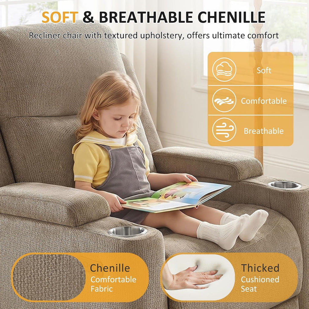 Oversized Nursery Rocking Chair Set of 2, 270° Swivel Glider Recliner Chair with USB & Type-C Ports, Cup Holders & Armrest Storage, Soft Chenille Nursery Chair for Living Room, Bedroom