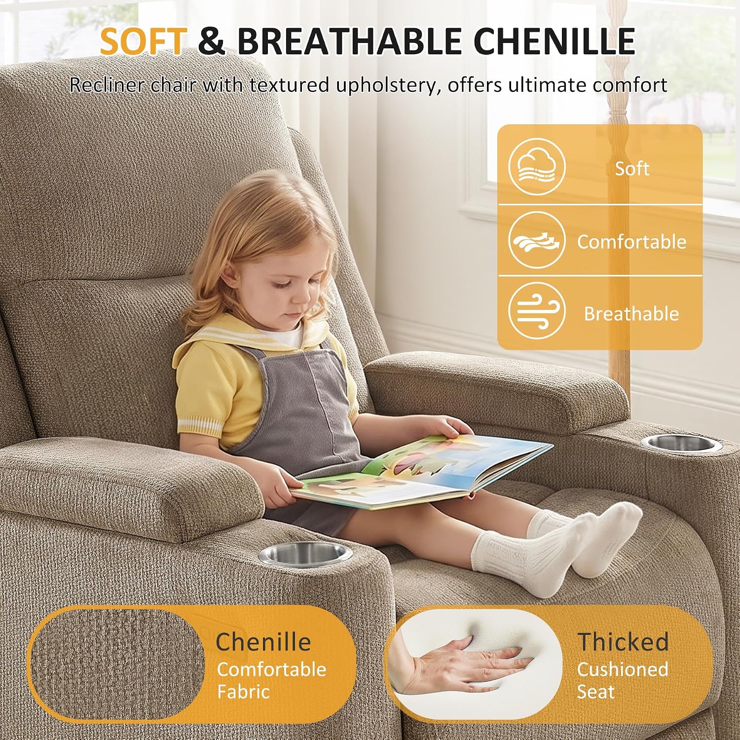 Oversized Nursery Rocking Chair Set of 2, 270° Swivel Glider Recliner Chair with USB & Type-C Ports, Cup Holders & Armrest Storage, Soft Chenille Nursery Chair for Living Room, Bedroom