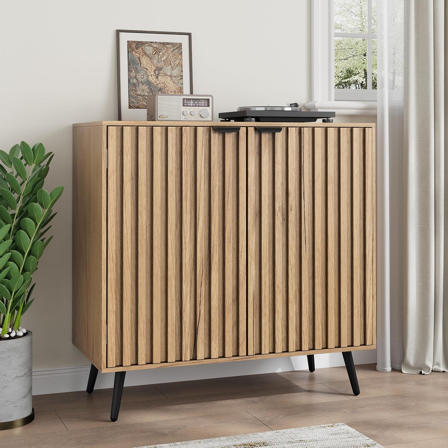 Smuxee Fluted Sideboard Cabinet, Freestanding Natural Buffet Cabinet with Adjustable Shelf, Wood Storage Cabinet for Living Room, Entryway, Hallway