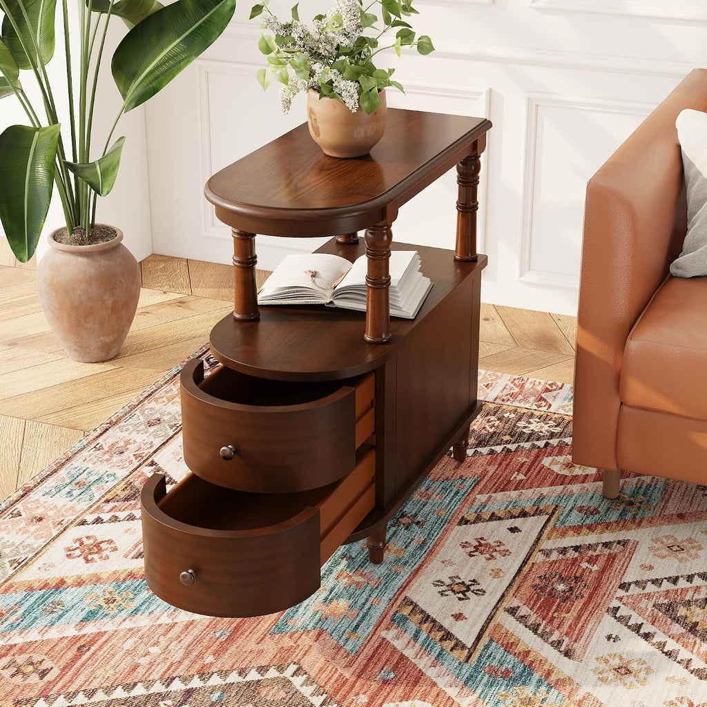 Narrow End Table Set of 2 with 2 Storage Drawers, Vintage Sofa Beside Table, Wood Slim SideTable for Living Room,Saving-space, 23.4“L x 11.4"W x 25.3"H, No-Tools Assembly, Cherry Walnut BG-A508-CY