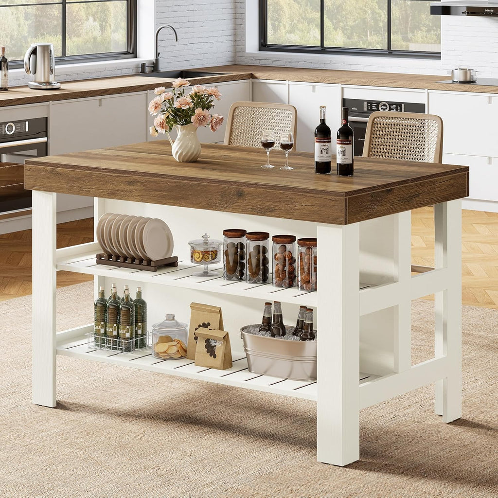 Tribesigns Kitchen Island with Storage Shelves, Farmhouse Wooden Stationary Island Table for Kitchen Dining Room