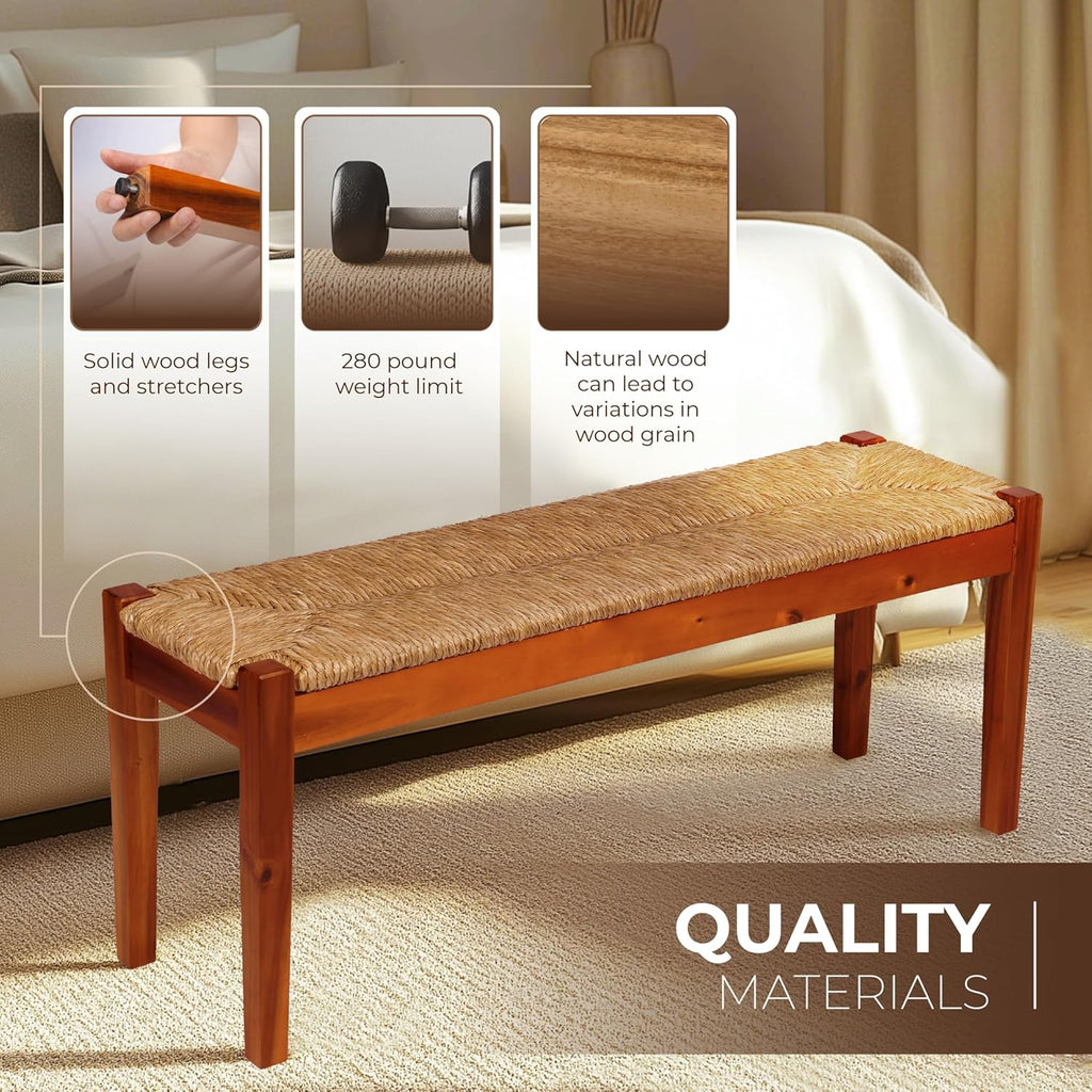 Vintage Entryway Bench, 47 inch Acacia Wood Bench with Woven Seagrass Seat, Entryway Bench, Wicker Bench Indoor for Hallway, End of Bed, Rustic Farmhouse Boho Style, Indoor Decorative Bench (Brown)