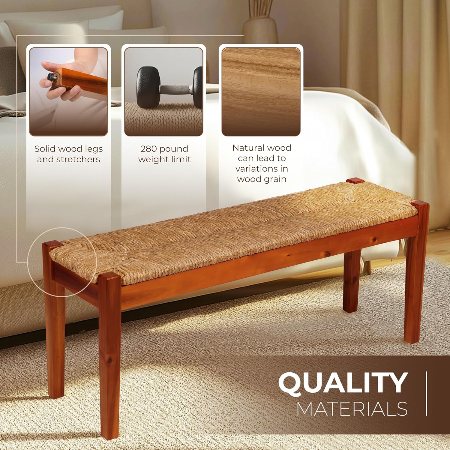 Vintage Entryway Bench, 47 inch Acacia Wood Bench with Woven Seagrass Seat, Entryway Bench, Wicker Bench Indoor for Hallway, End of Bed, Rustic Farmhouse Boho Style, Indoor Decorative Bench (Brown)