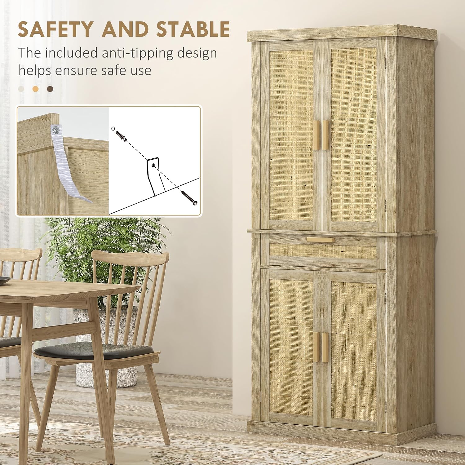 72" Tall Pantry Cabinet with Rattan Decorated Panel, Freestanding Kitchen Storage Cabinet with 4 Doors, Drawer, 5-Tier Shelf and Adjustable Shelves, Oak,15.8 * 30 * 72