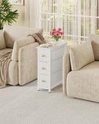 CHOEZON Narrow Side Table with 3 Fabric Drawers, Industrial Slim Bedside Table for Small Spaces, Bedroom, Living Room, Dormitory, White TBZ09WB