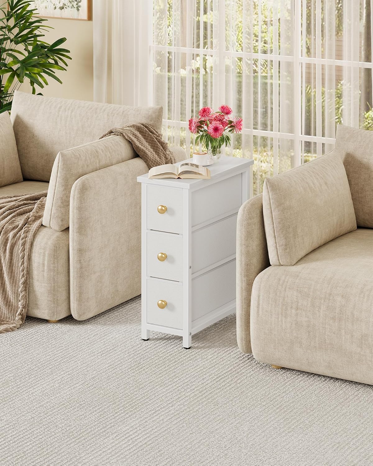 CHOEZON Narrow Side Table with 3 Fabric Drawers, Industrial Slim Bedside Table for Small Spaces, Bedroom, Living Room, Dormitory, White TBZ09WB
