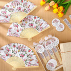 CroBlissful 30 Sets Off the Market Bridal Shower Favors Bamboo Folding Paper Hand Fans with Organza Bags and Thank You Tags Floral Market Themed Wedding Souvenirs for Guests