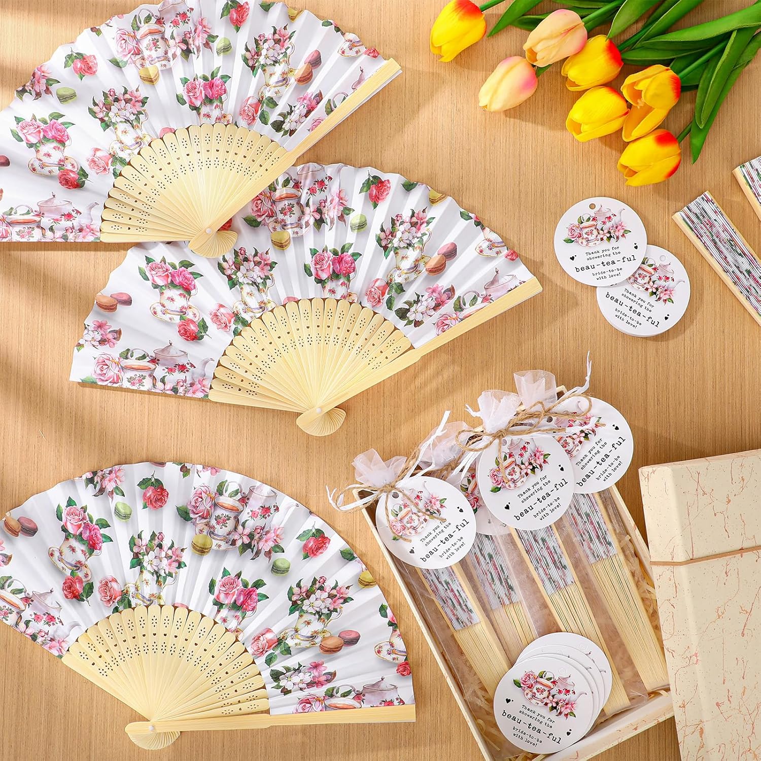 CroBlissful 30 Sets Off the Market Bridal Shower Favors Bamboo Folding Paper Hand Fans with Organza Bags and Thank You Tags Floral Market Themed Wedding Souvenirs for Guests