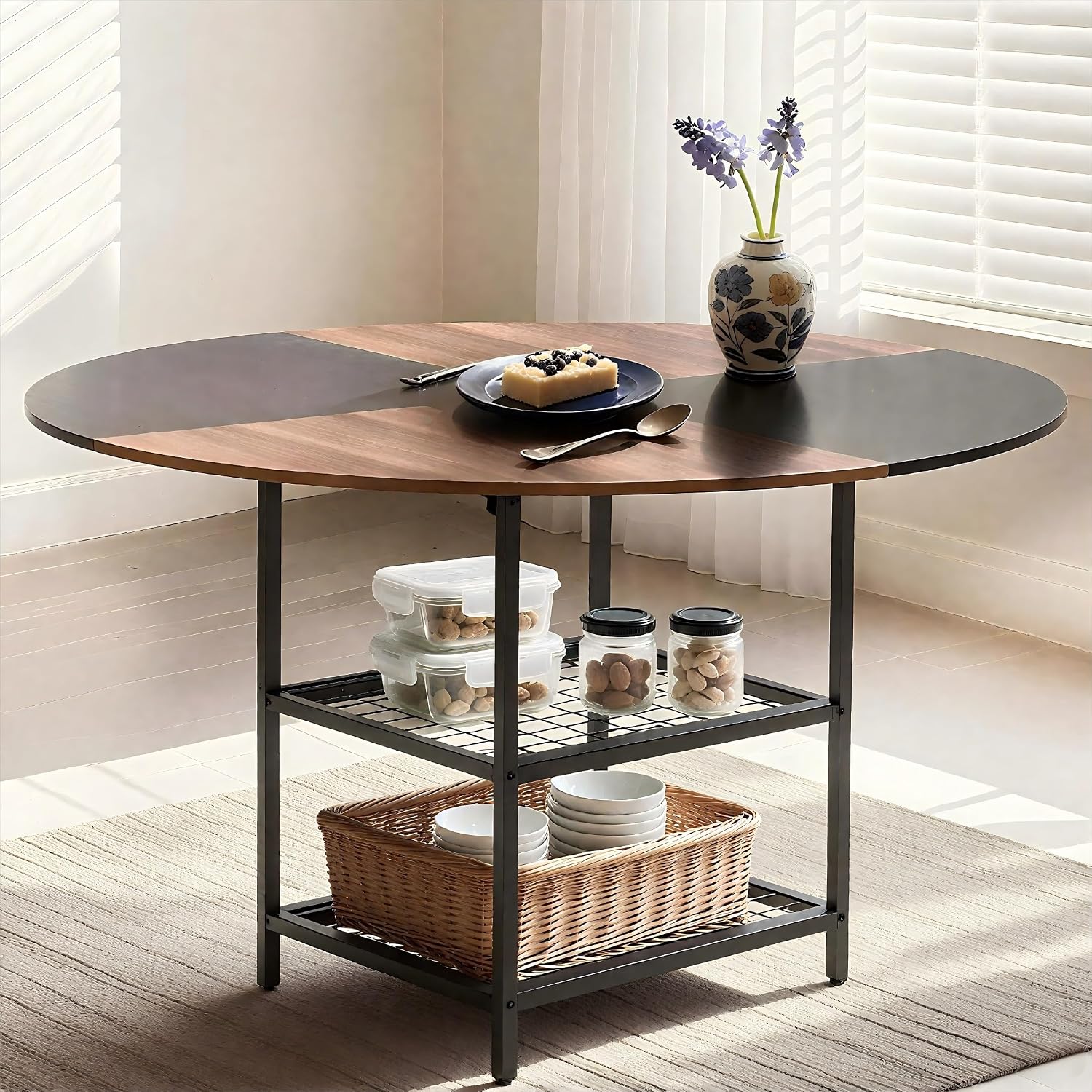EROMMY Round Dining Table for 4, Wood Kitchen Table with Storage Shelves, Farmhouse Dinner Table for Home Dining Room Kitchen Living Room, Black Rustic Brown(Only Table)