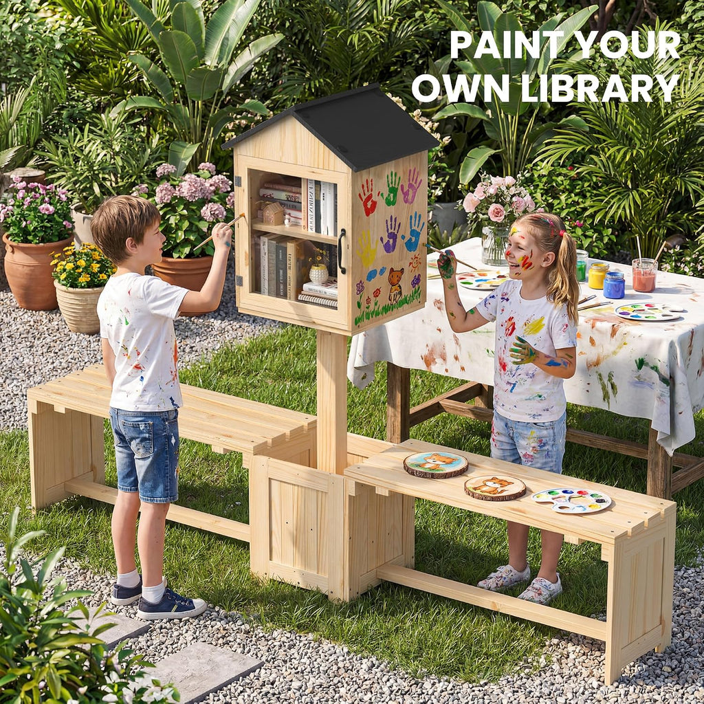 DTK Little Free Library Kit with Planter & Dual Benches,Outdoor Library Box with Clear Door & Waterproof Roof,DIY Paintable Lending Library,L-Shaped or Side Seating for Yard Garden Community