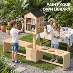 DTK Little Free Library Kit with Planter & Dual Benches,Outdoor Library Box with Clear Door & Waterproof Roof,DIY Paintable Lending Library,L-Shaped or Side Seating for Yard Garden Community