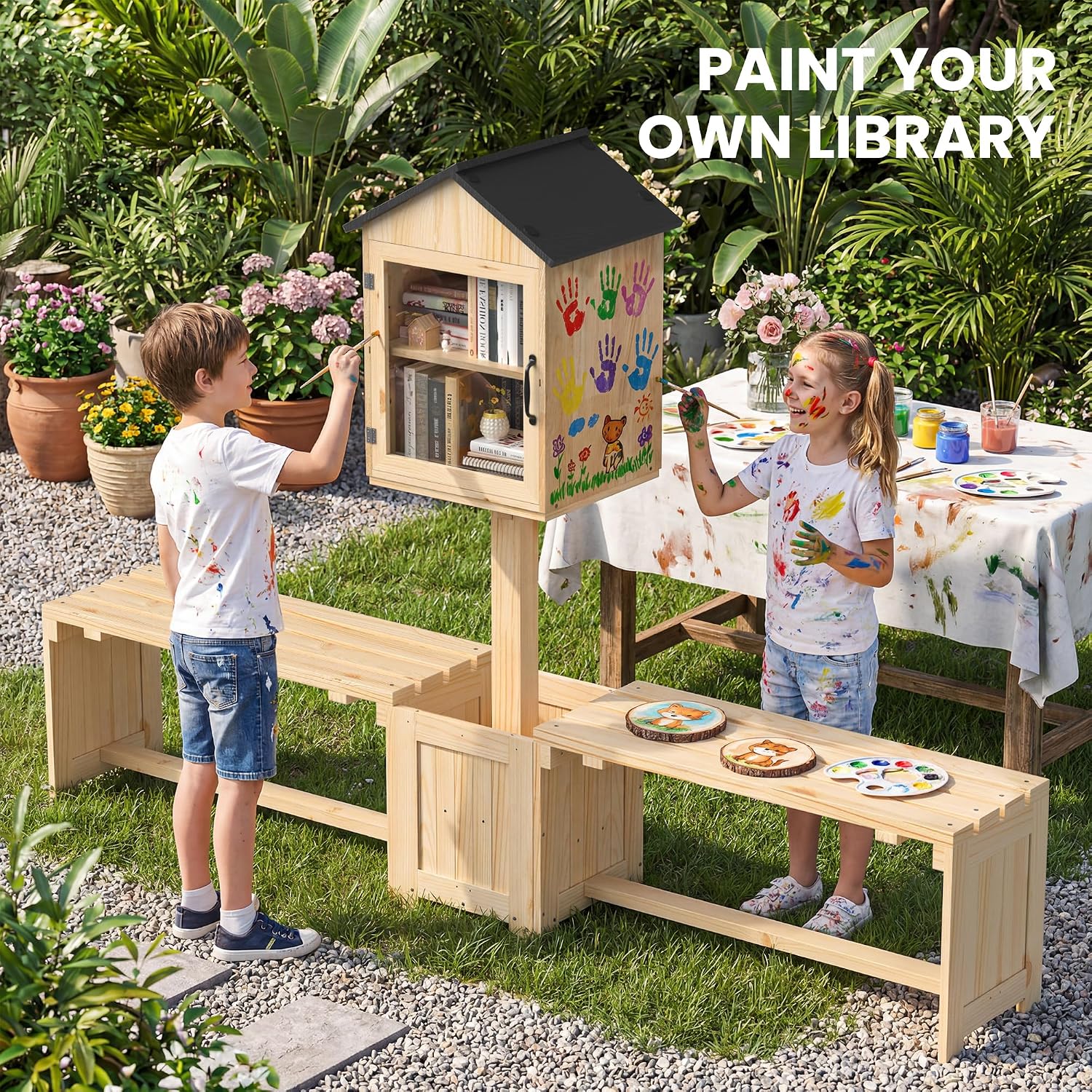DTK Little Free Library Kit with Planter & Dual Benches,Outdoor Library Box with Clear Door & Waterproof Roof,DIY Paintable Lending Library,L-Shaped or Side Seating for Yard Garden Community