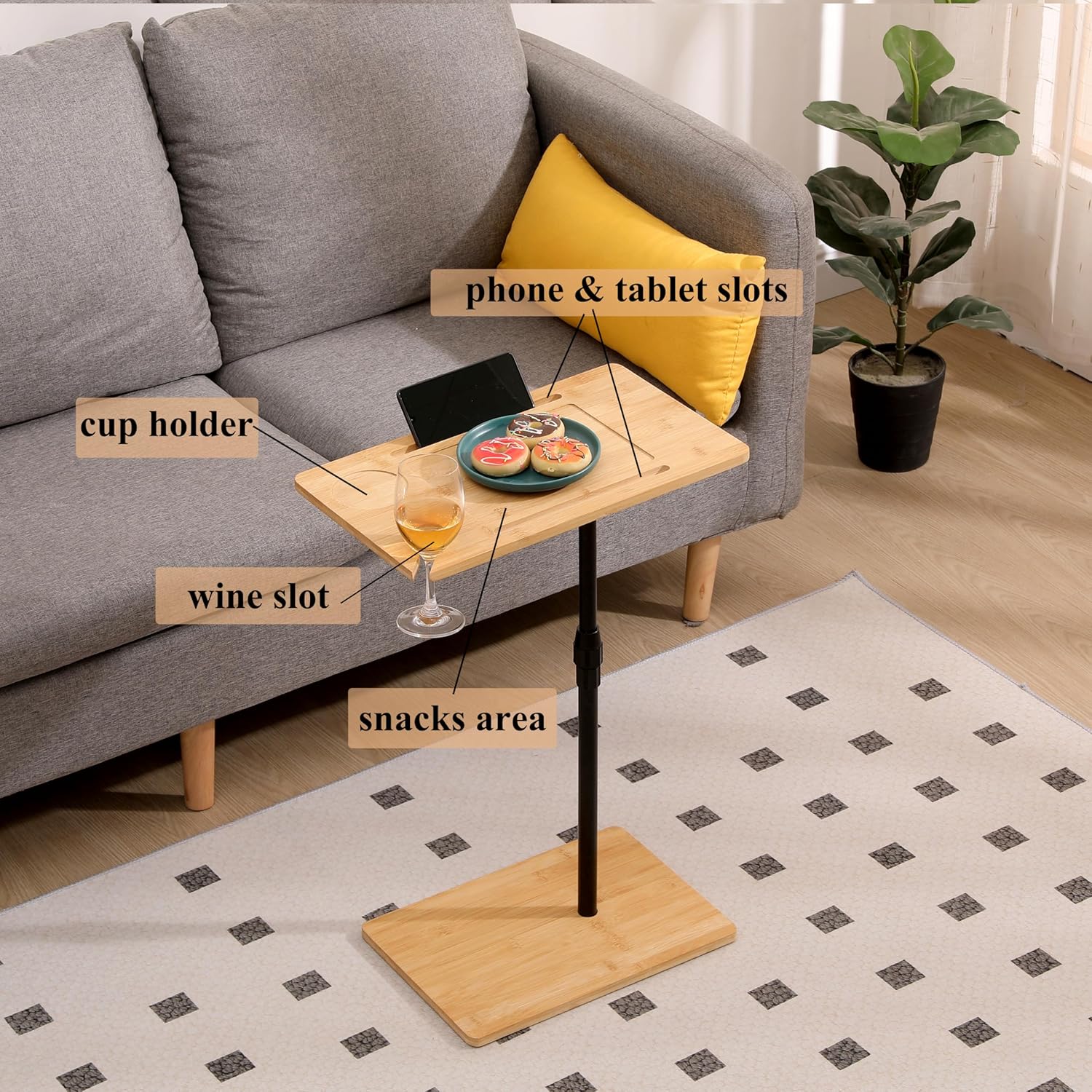 Bamboo Couch Tray Table, Height Adjustable C Shaped End Table with Tablet & Phone Holder, 2 Tier Sofa Side Table with Wine Glass Slot, Rolling Snack Table for Living Room Bedroom