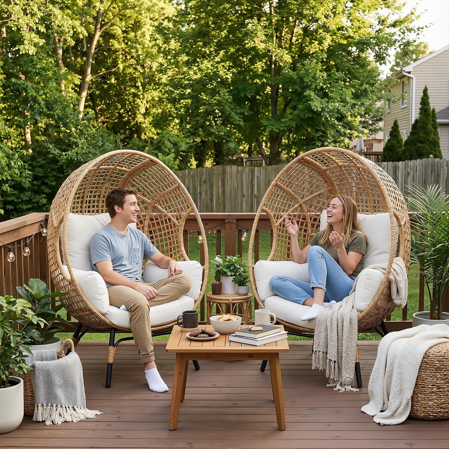 2 pcs Oversized Wicker Egg Chair Outdoor Indoor - Rattan Patio Egg Lounge Chairs with Cushion 500lbs Capacity for Living Room, Balcony, Backyard