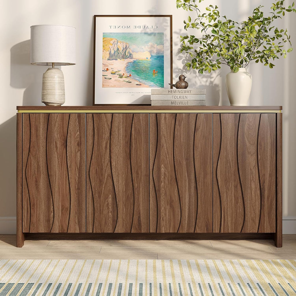 Vabches Fluted Buffet Cabinet with Storage, 3D Ripple Pattern Doors and Curved Edges, Modern Sideboard for Kitchen, Entryway, 4 Doors & Adjustable Shelf, Walnut, 57.9" W