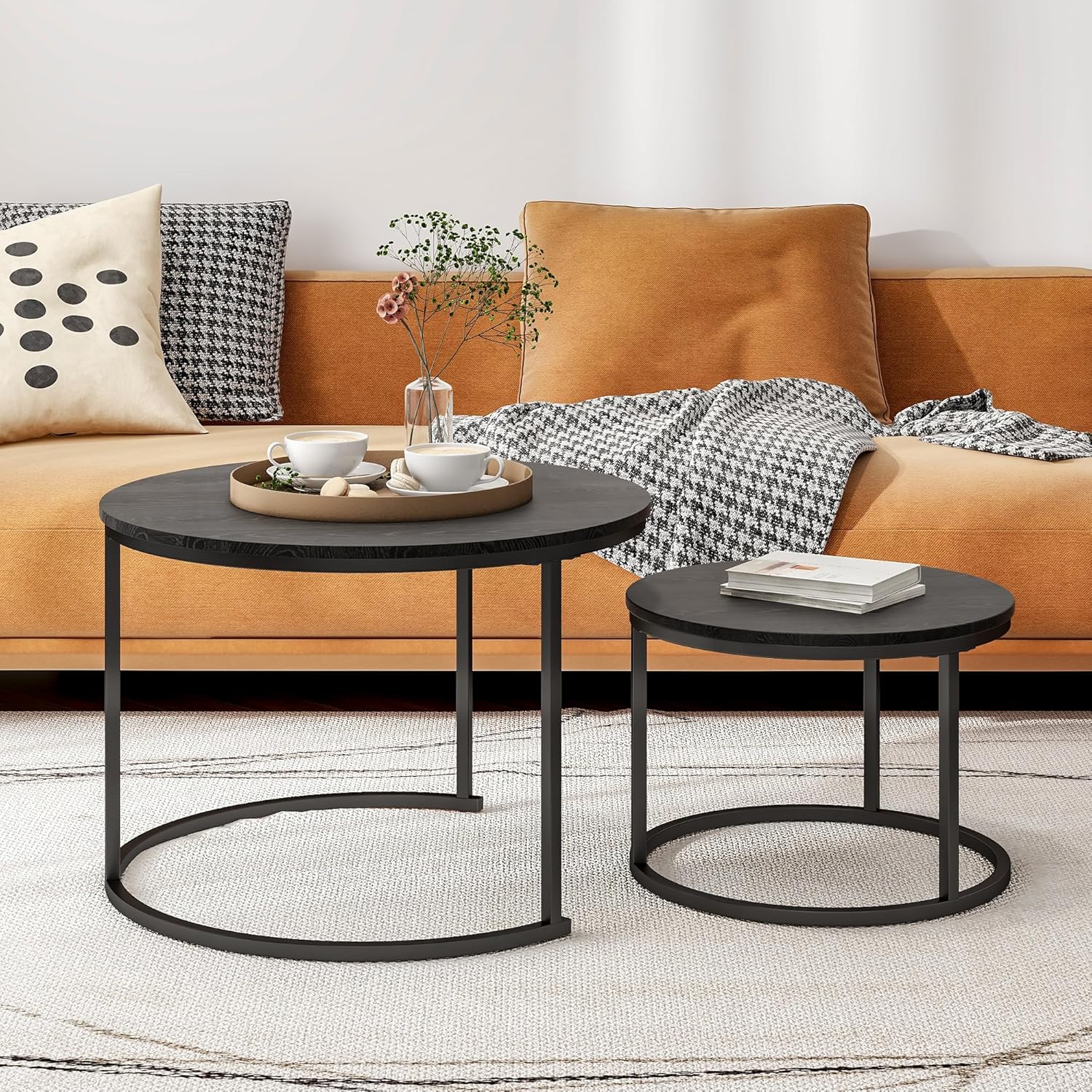 HOJINLINERO Round Coffee Table,Nesting Coffee Table Set of 2,Center Tables for Living Room,Office, Home Small Space,Stacking Side Tables,Sturdy and Easy Assembly,Wood Desktop,Black,Large