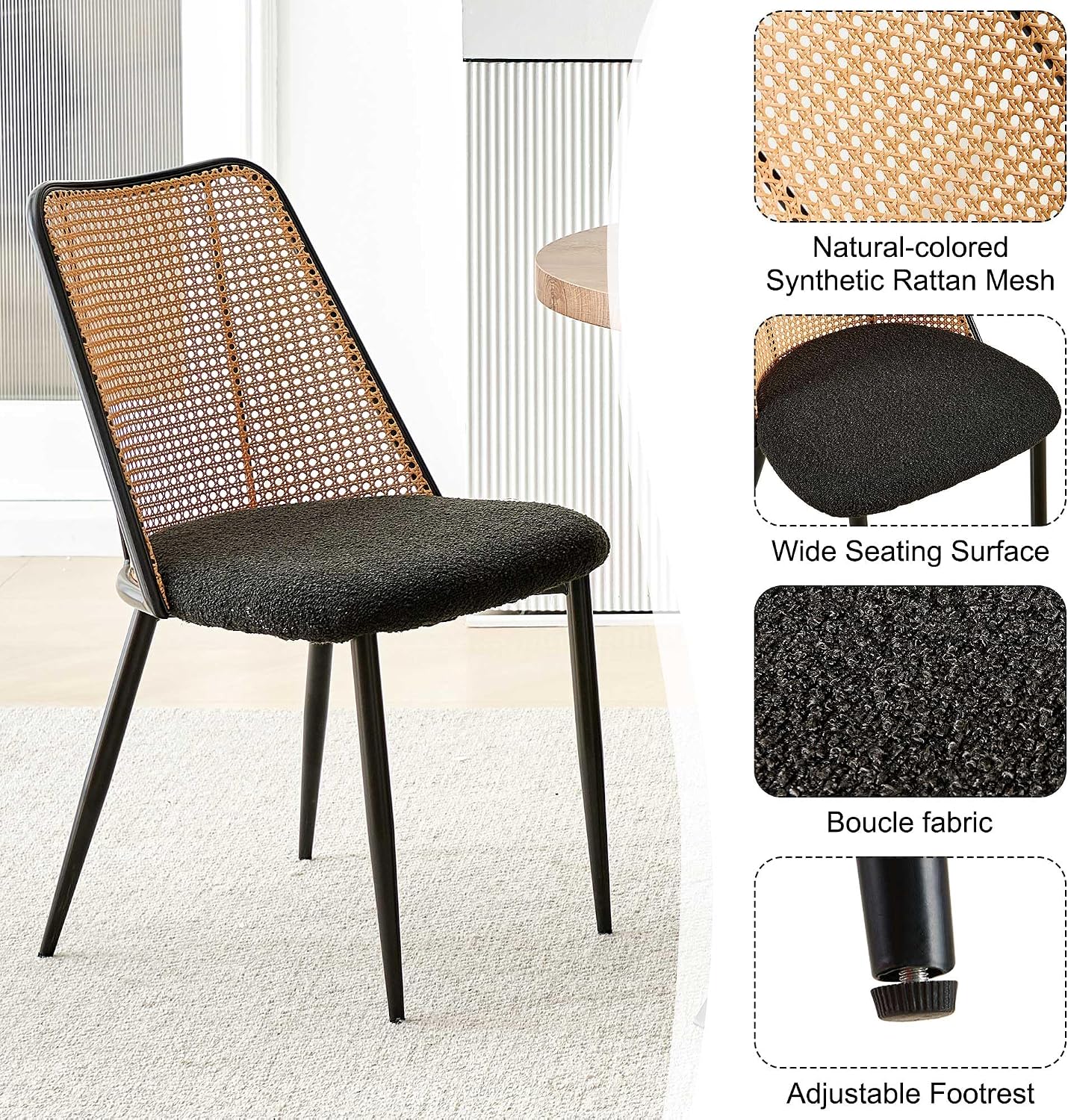 Homedot Modern Rattan Dining Chairs Black Set of 4, Upholstered Dining Room Chairs Boucle Woven Cane Kitchen Dining Accent Chairs for Reception Rooms, Restaurant