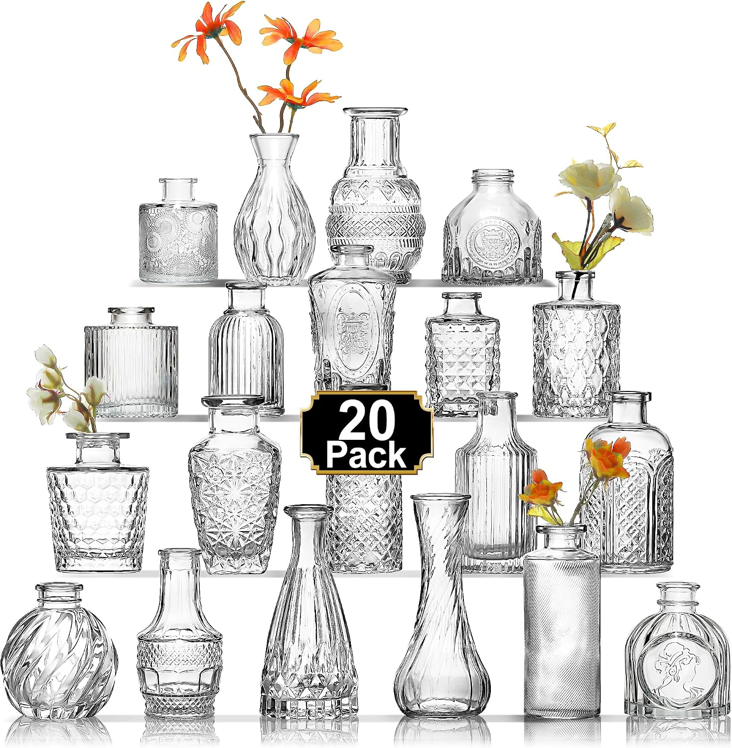 Arme Glass Bud vases in Bulk，Small Glass Flower Vase for Centerpieces 20Pcs | Small Clear Bud Vases ， Mini Vintage Vase for flowers& Rustic Wedding Decorations