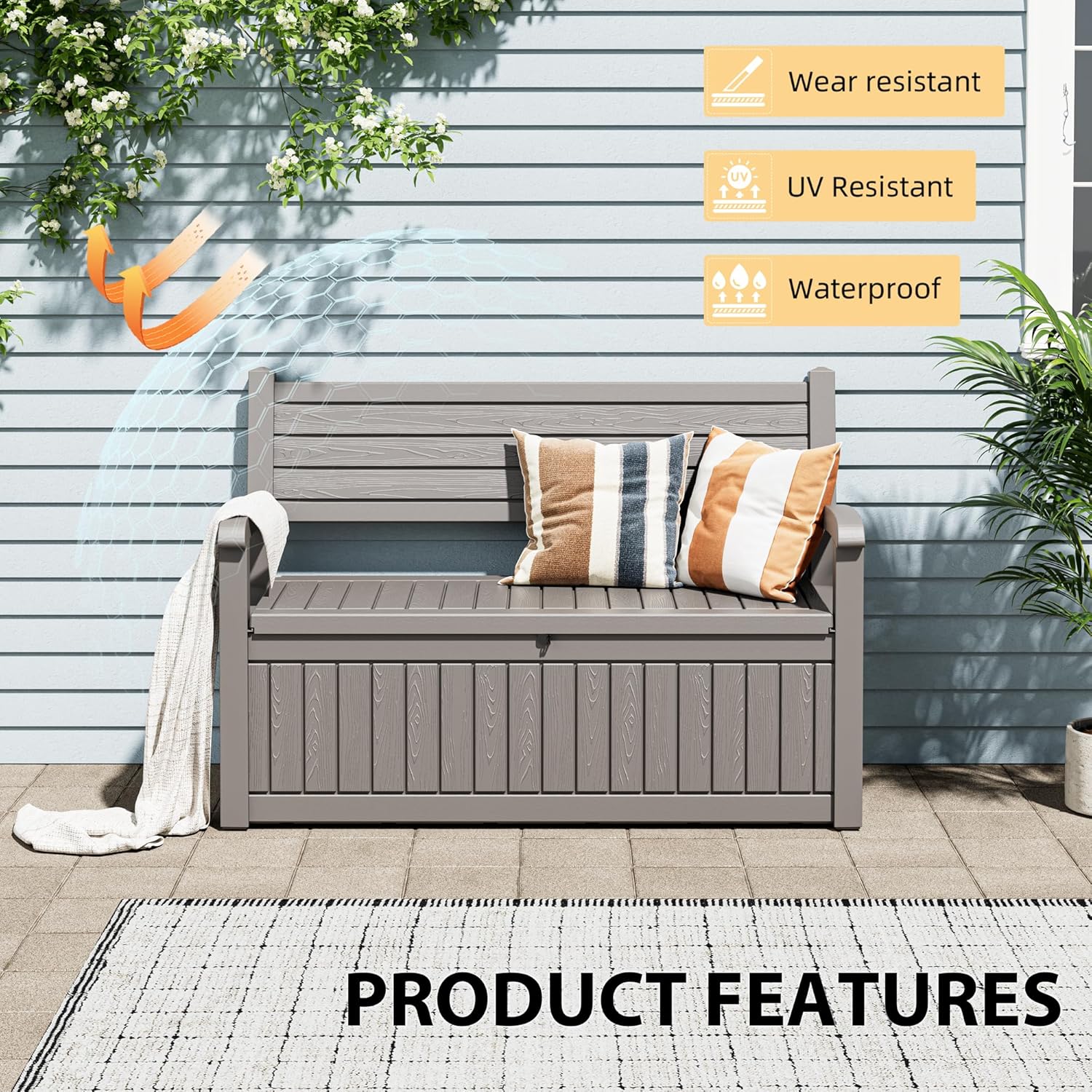 80 Gallon Lockable Deck Bench with Storage, Resin Stripes Outdoor Storage Box, Waterproof Outdoor Porch Bench for Cushions Garden Tools, and Pool Supplies, Grey