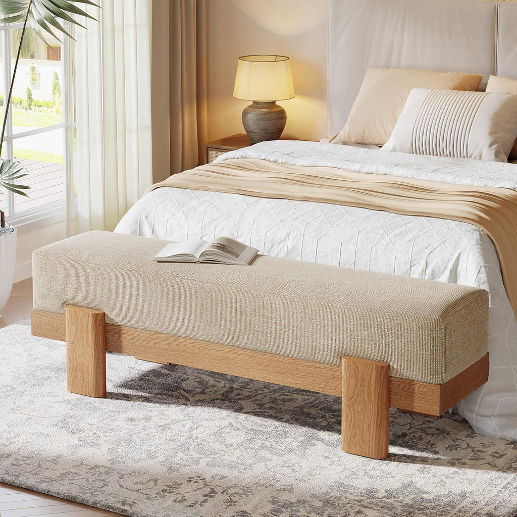 Tribesigns 55-Inch Upholstered Entryway Bench, Modern Shoe Bench with Ultra-Plush Thick Cushion and MDF Frame, End of Bed Stool Long Ottoman for Entrance, Living Room (Beige & Oak)