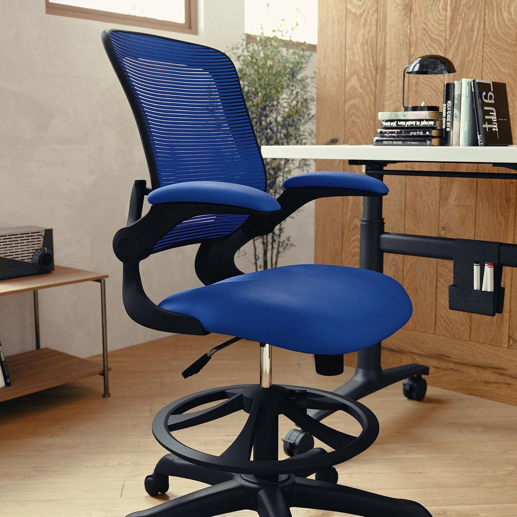 Flash Furniture Kale Mid-Back Blue Mesh Ergonomic Drafting Chair | Adjustable Foot Ring, Flip-Up Arms