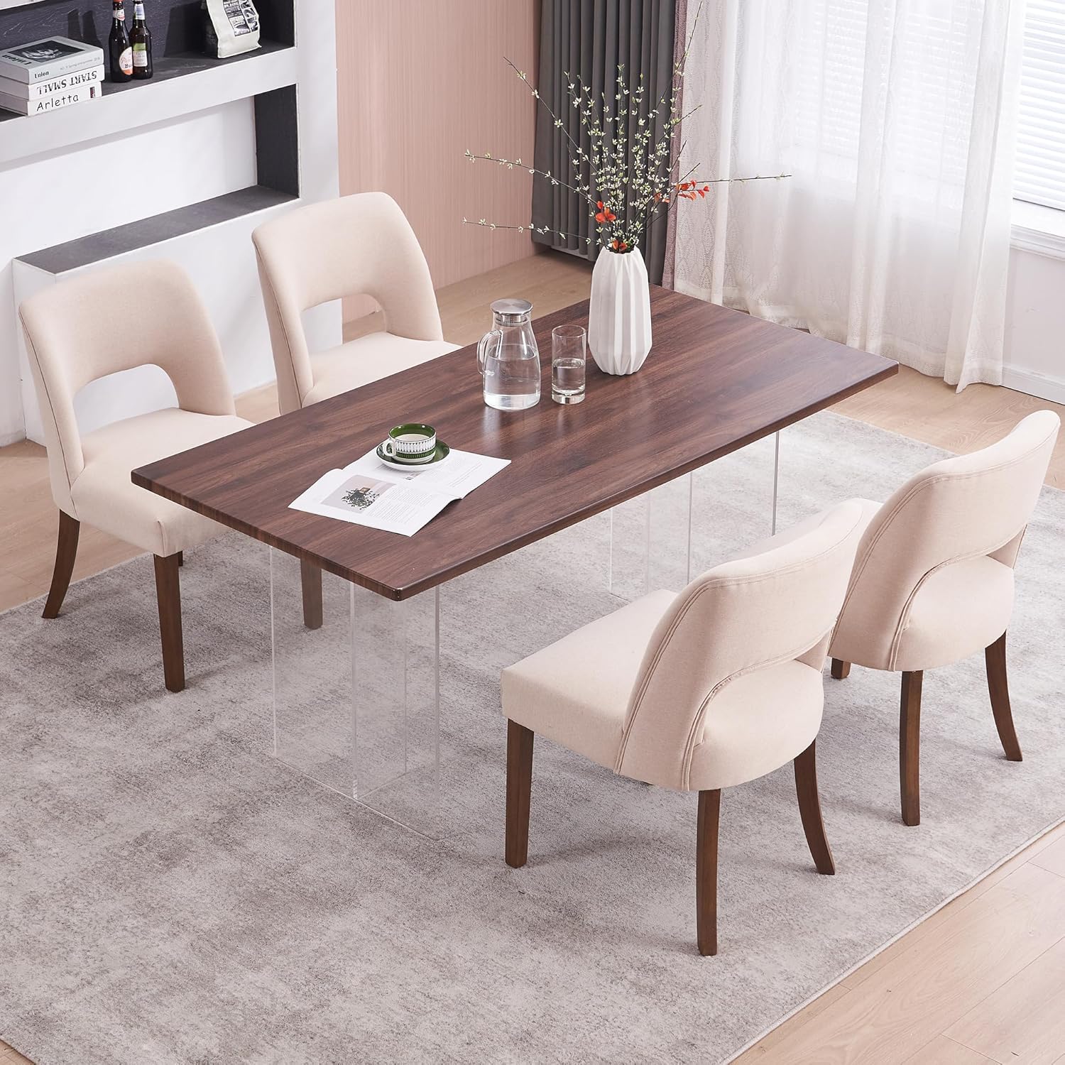 VKNOW Wooden Dining Chairs Set of 4, Modern Fabric Upholstered Dining Room Chair Kitchen Chairs, Farmhouse Dinner Chair for Kitchen Dining Room, Beige