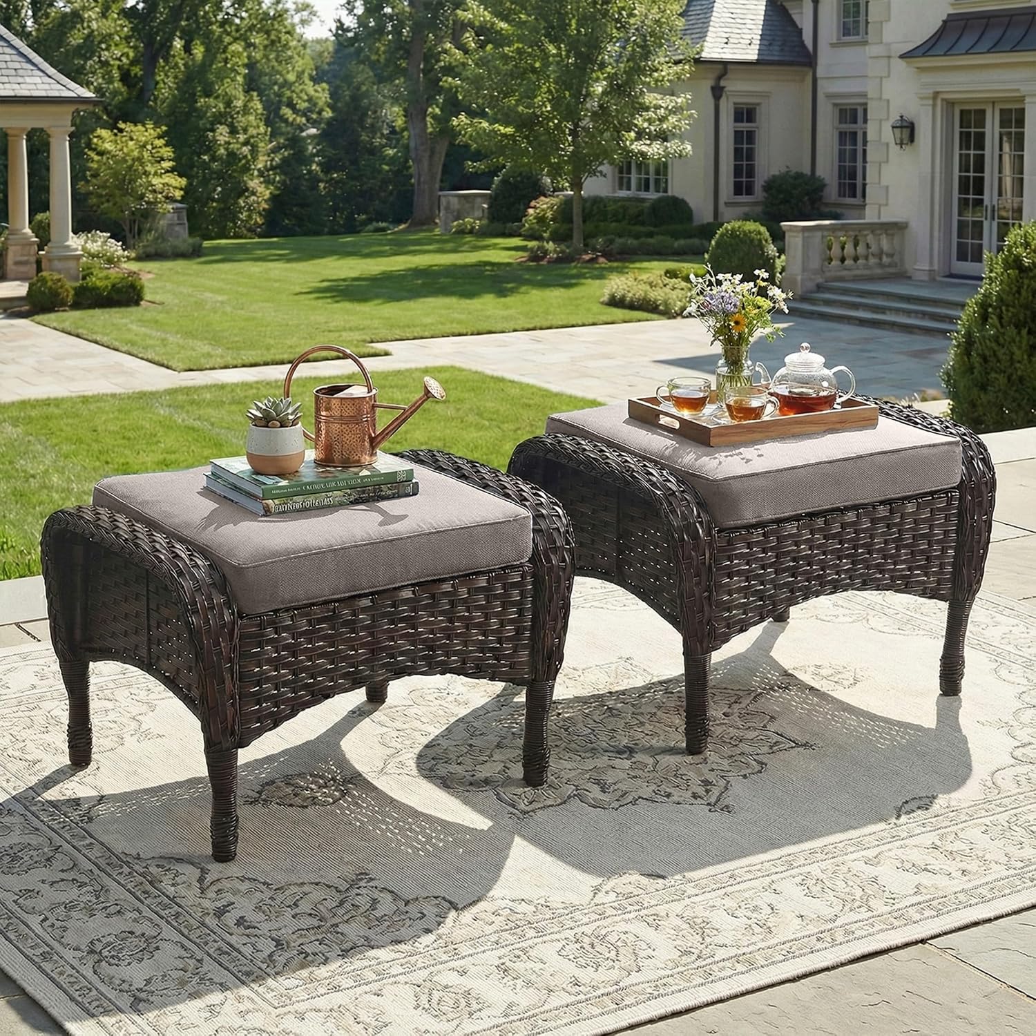Outdoor Ottomans for Patio Foot Rest - 25 Inch PE Wicker Foot Stool Set of 2 with Removable Cushions for Patio Furniture Sets,All Weather Rattan Ottoman for Balcony Deck Blue/Gray