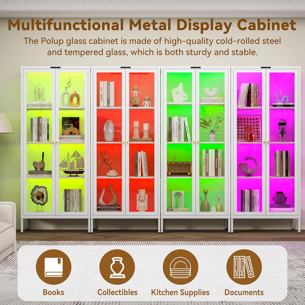Polup Metal Glass Display Cabinet with Glass Doors, Lighted Curio Cabinet with 8-Color LED Lights, 66 Inch Tall Display Case for Collectibles, Plants, White Glass Cabinet for Living Room