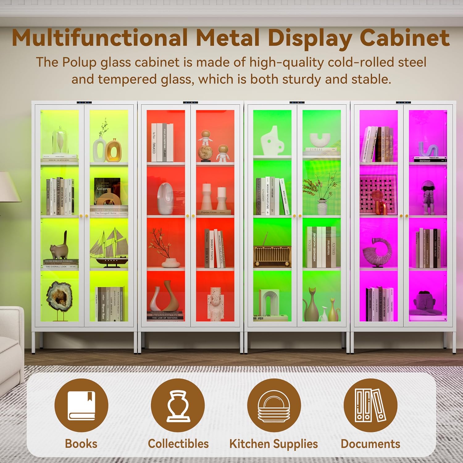 Polup Metal Glass Display Cabinet with Glass Doors, Lighted Curio Cabinet with 8-Color LED Lights, 66 Inch Tall Display Case for Collectibles, Plants, White Glass Cabinet for Living Room