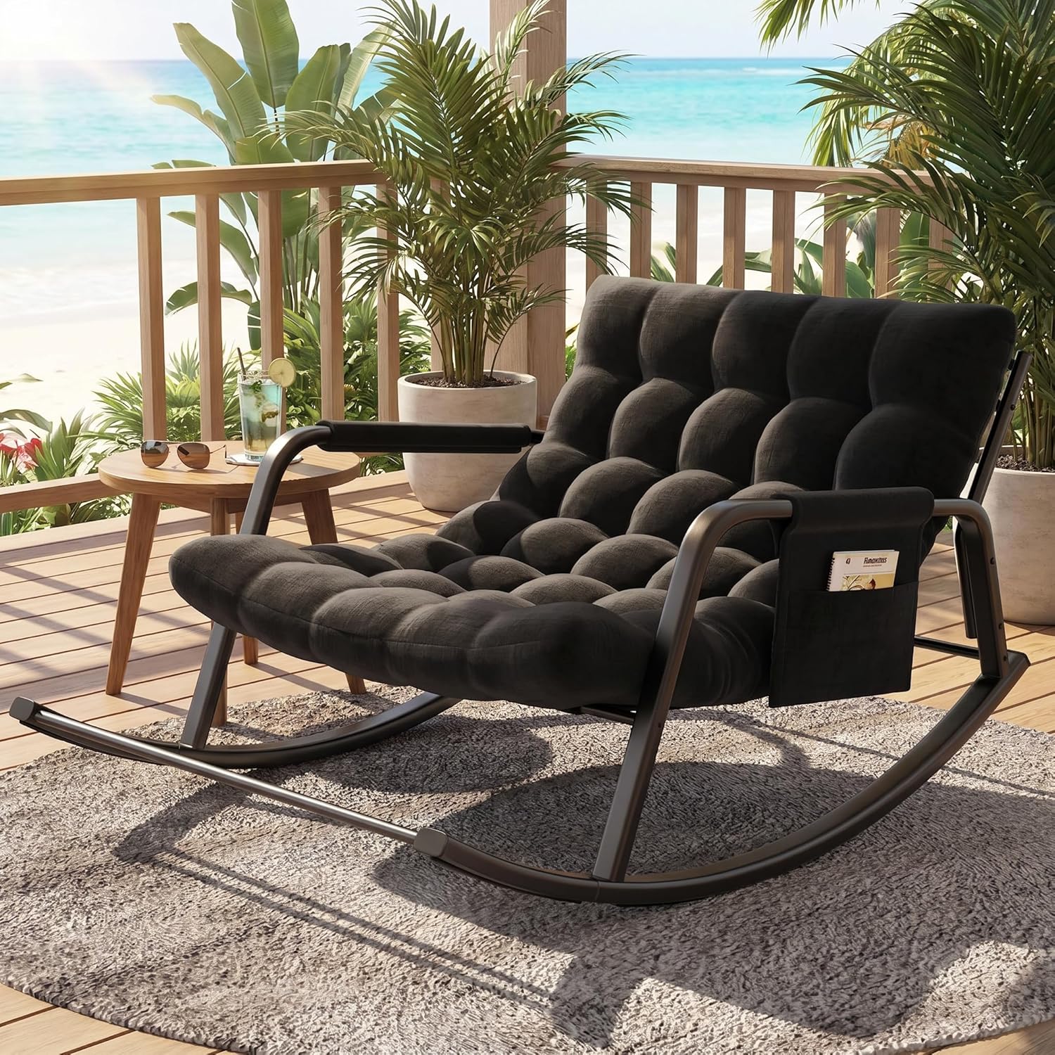 lavimiya Double Papasan Rocking Chair with Cushion, Patio Loveseat Rocker | Black, Thick tufted padding, 400 lbs capacity, side storage pocket, ideal for living room, porch, and garden
