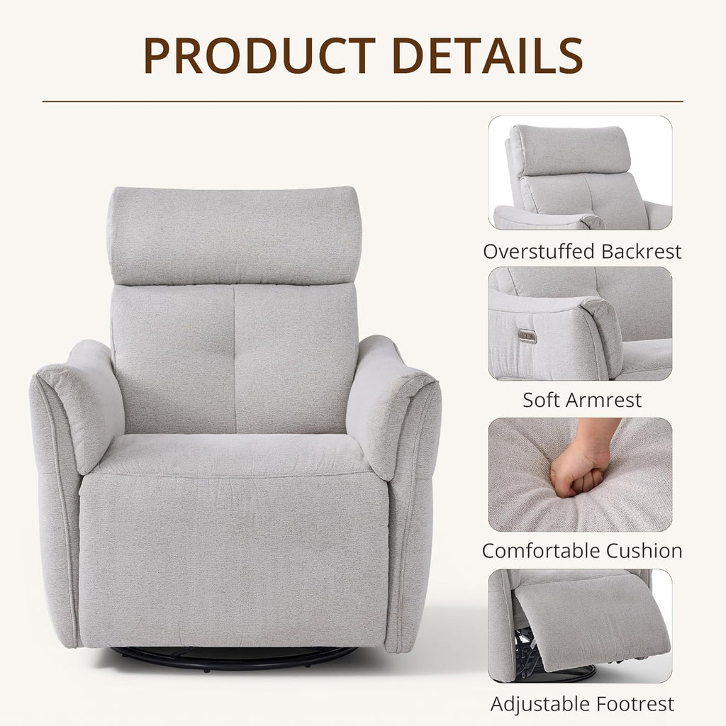 Power Rocking Chair Nursery Glider Recliner with Adjustable Headrest, Dual Motor Chenille Swivel Rocker Recliner Chair with USB Port and Storage Bags, FSC, CertiPUR-US® Certified, Crockery Grey