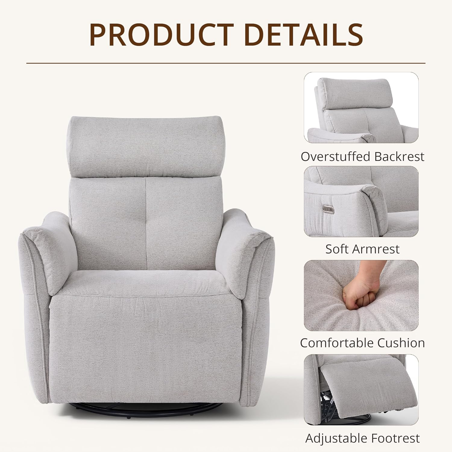 Power Rocking Chair Nursery Glider Recliner with Adjustable Headrest, Dual Motor Chenille Swivel Rocker Recliner Chair with USB Port and Storage Bags, FSC, CertiPUR-US® Certified, Crockery Grey