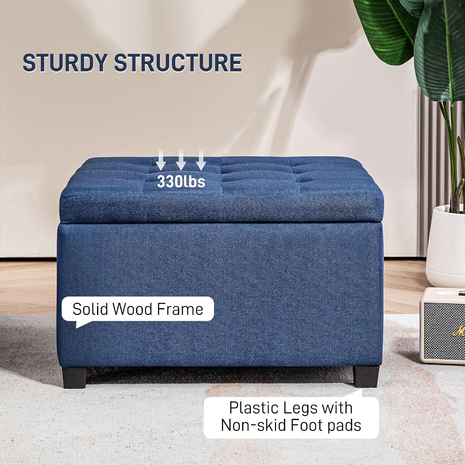 Round Storage Button Tufted Flip Top Ottoman in Classic Blue Velvet with Comfortable Upholstery and Premium Quality Design