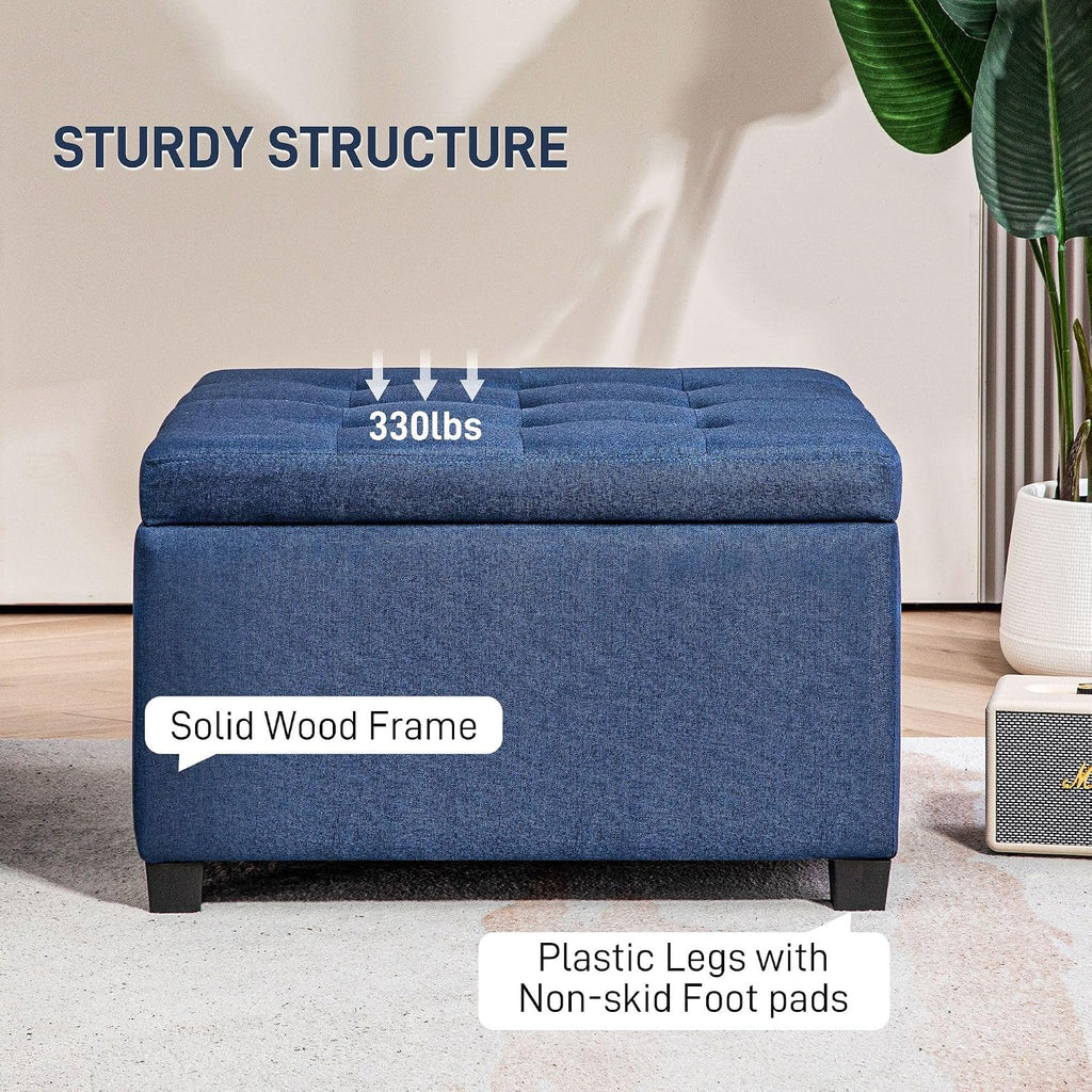 Round Storage Button Tufted Flip Top Ottoman in Luxurious Blue Velvet with Premium Upholstery and Comfortable Elegant Design
