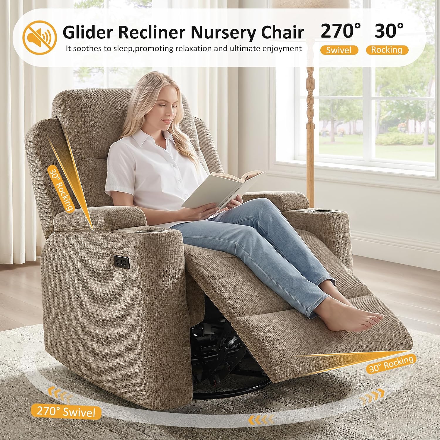 Oversized Nursery Rocking Chair Set of 2, 270° Swivel Glider Recliner Chair with USB & Type-C Ports, Cup Holders & Armrest Storage, Soft Chenille Nursery Chair for Living Room, Bedroom