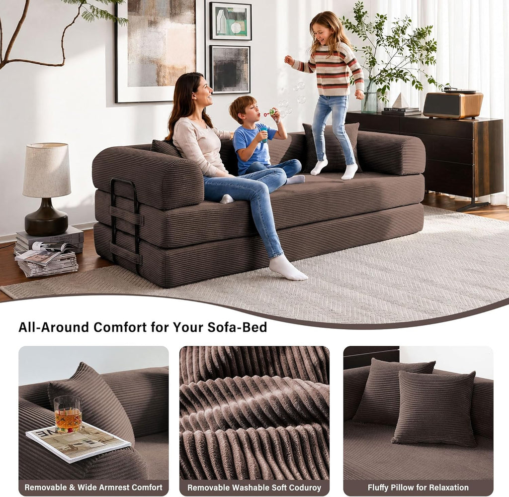 79" Convertible Sofa Bed, 5-in-1 Corduroy Boneless Couch Bed Sofa Pull Out, Memory Foam Couch, No Assembly Futon Couches for Living Room (Brown)