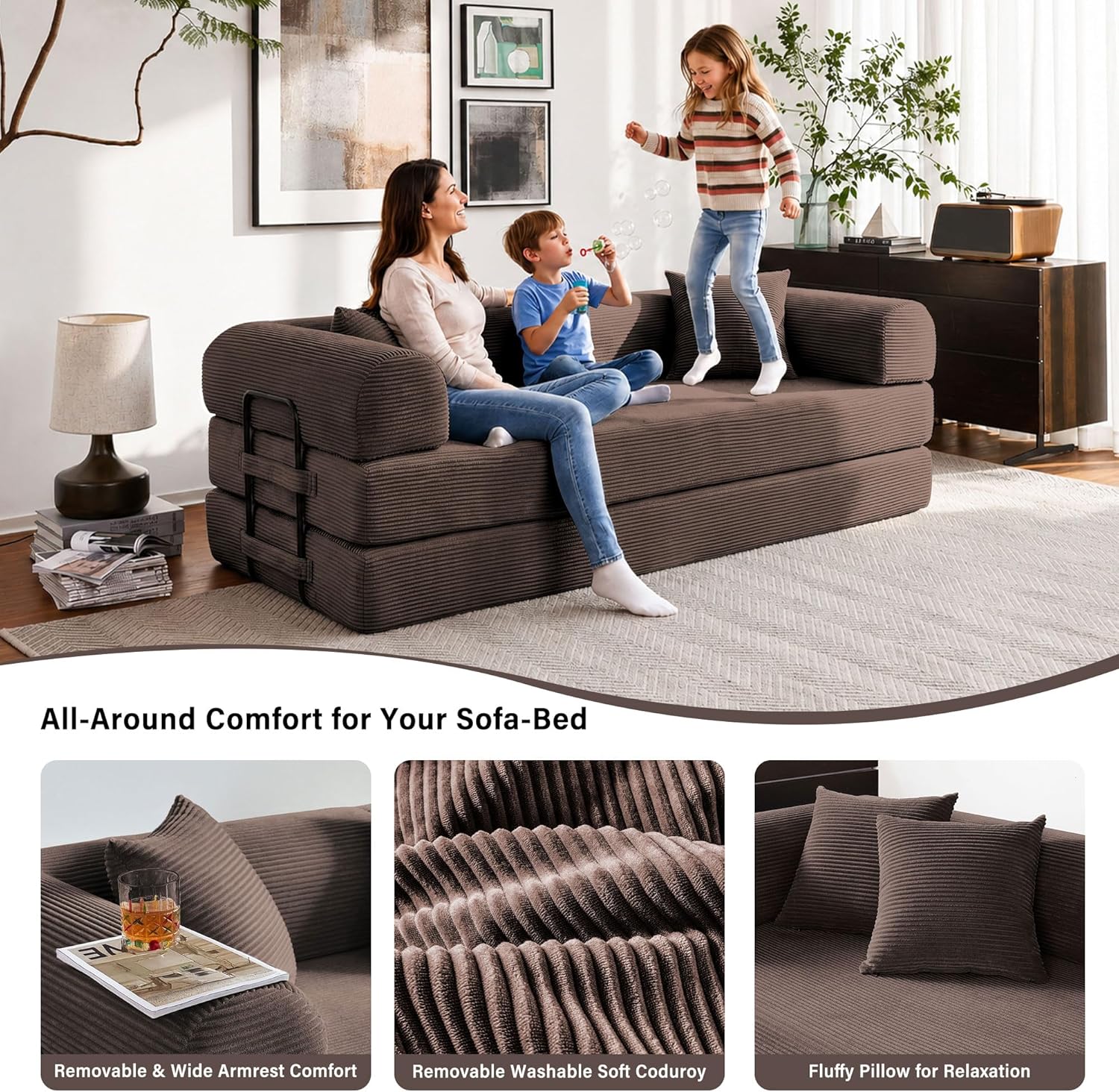 79" Convertible Sofa Bed, 5-in-1 Corduroy Boneless Couch Bed Sofa Pull Out, Memory Foam Couch, No Assembly Futon Couches for Living Room (Brown)