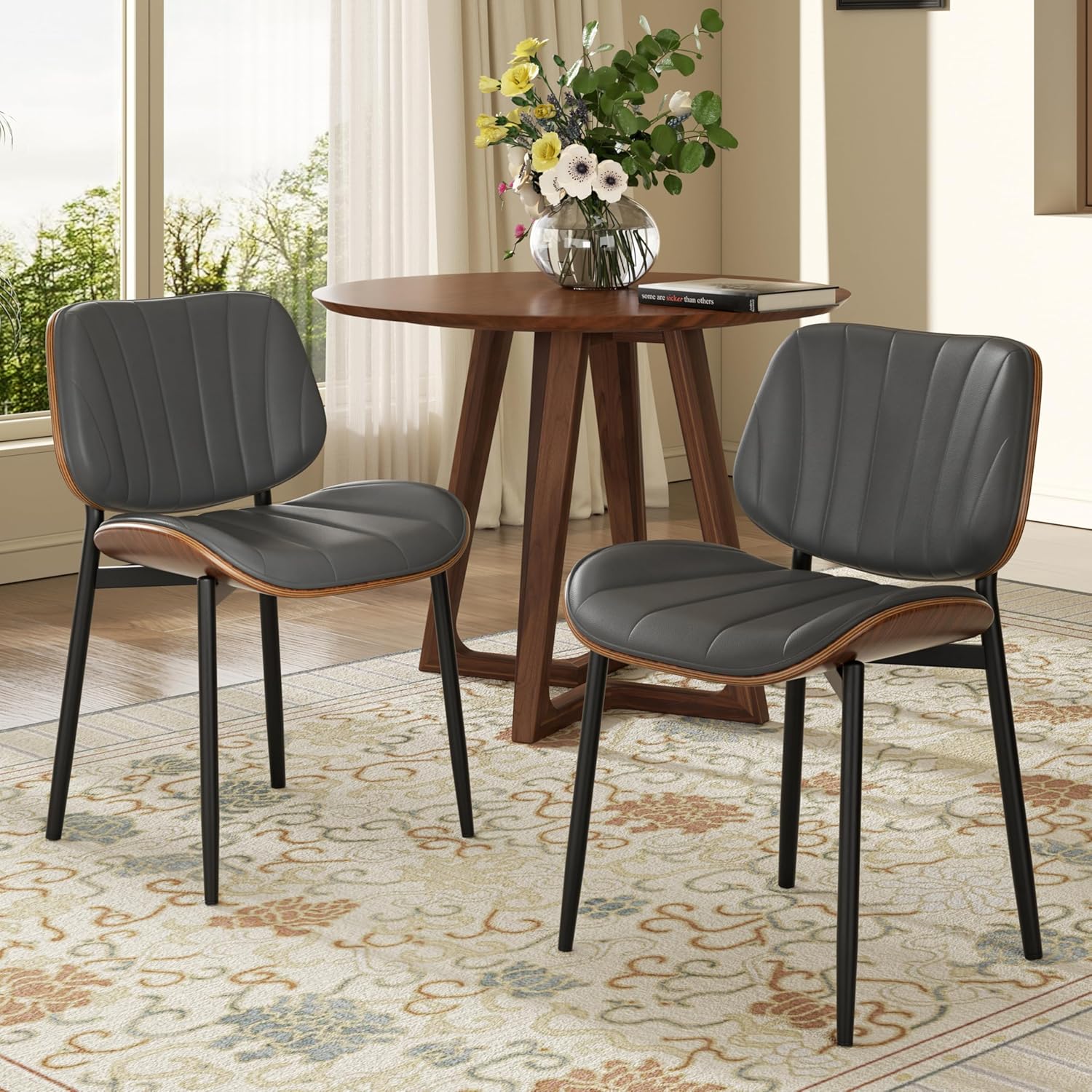 Dining Chairs Set 2 Solid Wood Backrest Modern Metal Chairs Upholstered Pu Leather Dining Chairs with Adjustable Foot Pad for Kitchen Dining Room Deep Grey