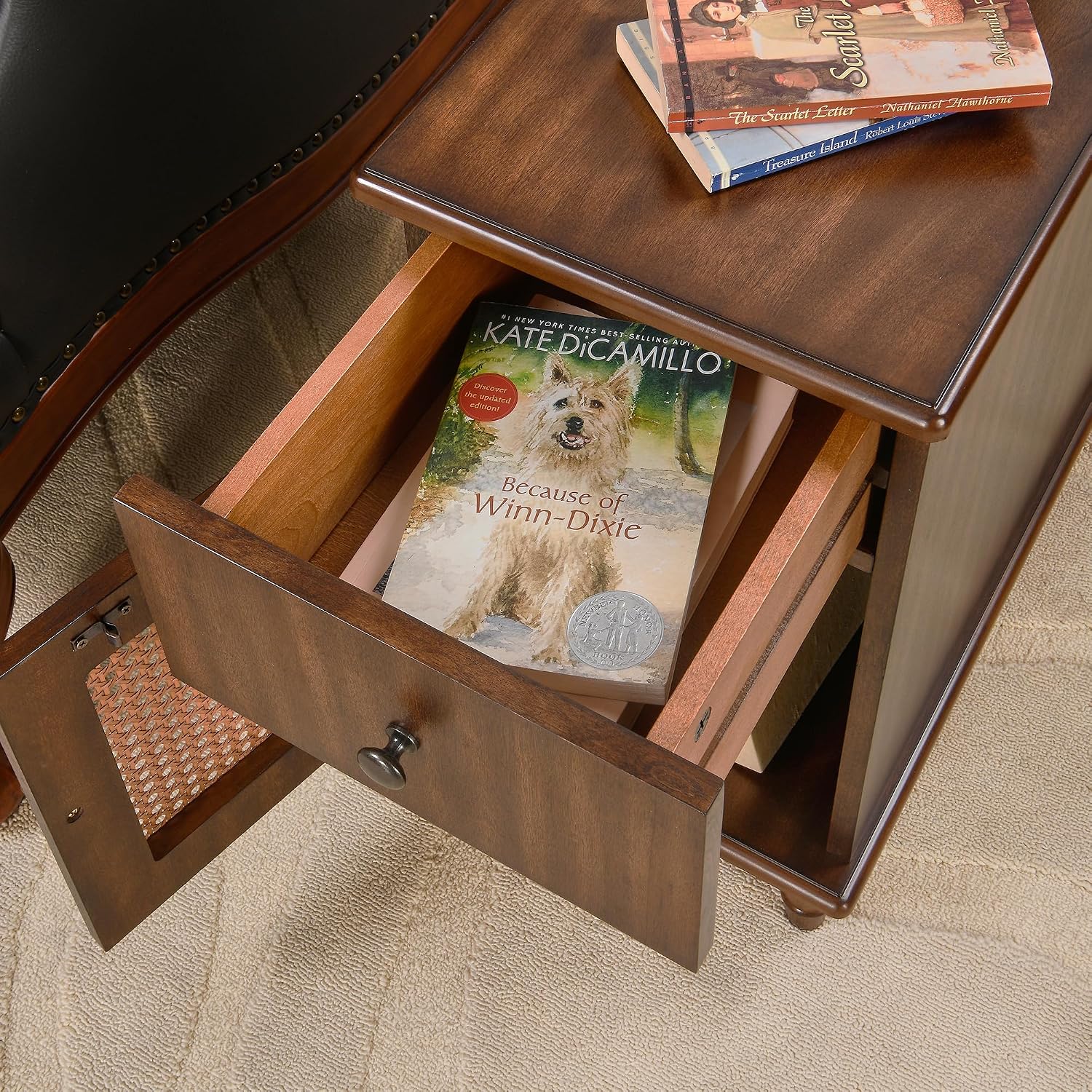 Solid Wood Rattan Narrow End Table, Narrow Nightstand with Drawer and Storage Tier Vintage Walnut Rattan Side Table Compact Bedside Table for Corner Small Space Bedroom, 22" Dx11.8 Wx22.8 H