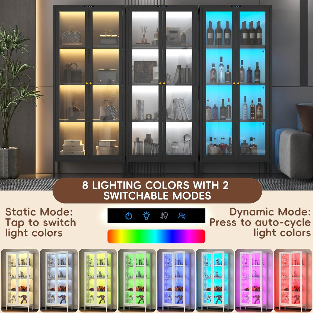 Steeloong 66"Display Cabinet with Glass Doors,4-Tier Curio Cabinet with 8 Color Lights,Glass Cabinets with 3 Adjustable Shelves,Black Display Case for Collectibles,Plant,Living Room,Assembly Required