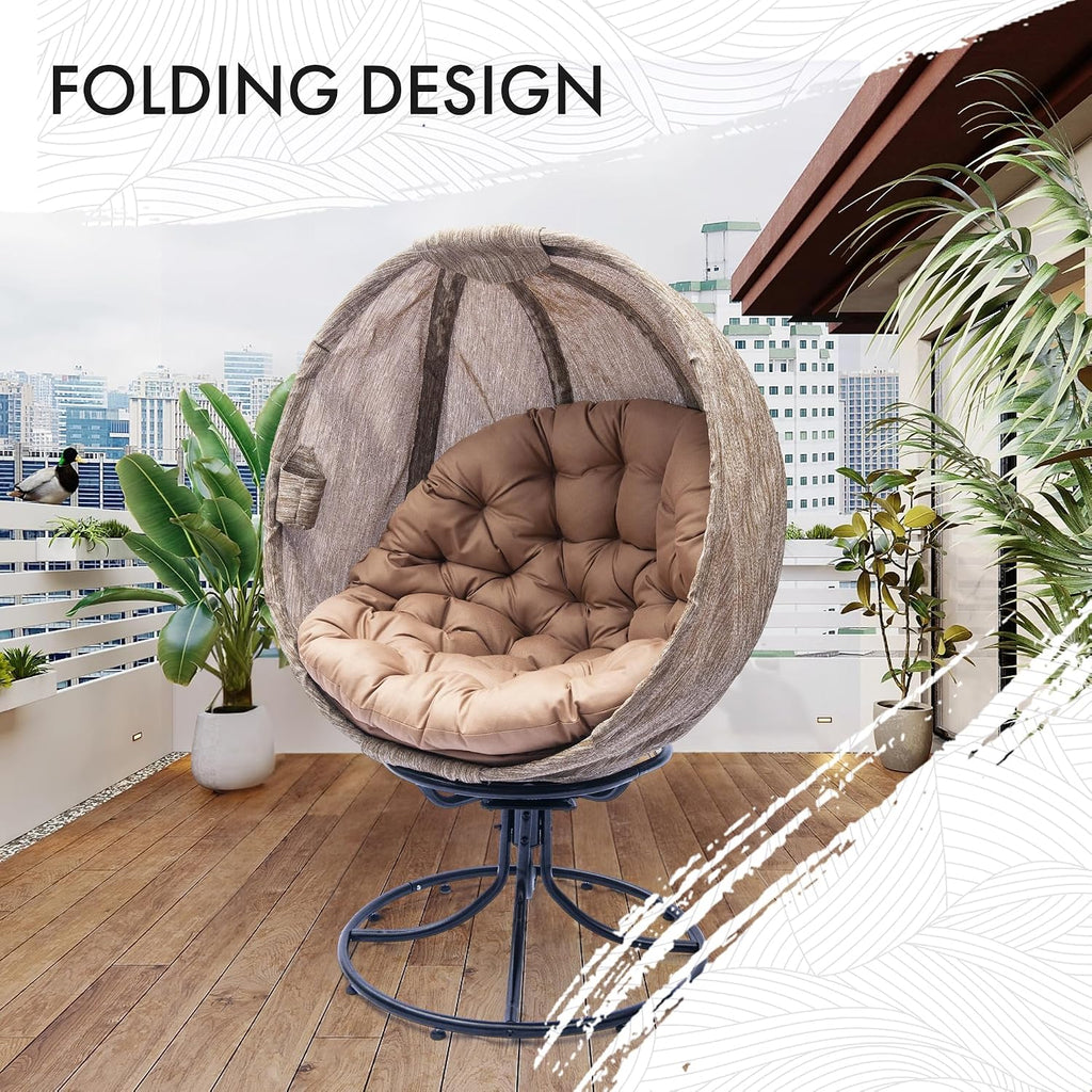 Oversized 360 Swivel Egg Chair - Foldable Rattan Seat w/Cushions, Outdoor Indoor Lounge Chair for Patio, Pool, Balcony & Living Room (Small Leaf Jacquard Khaki-2)